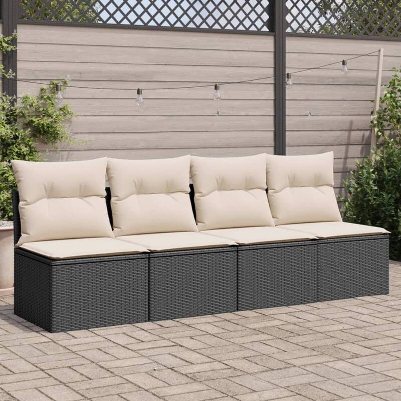vidaXL Patio Sofa with Cushions Outdoor Seating Sectional Sofa Poly Rattan - Black and cream 4-seater - 24.4 x 86.6 x 27.2 in
