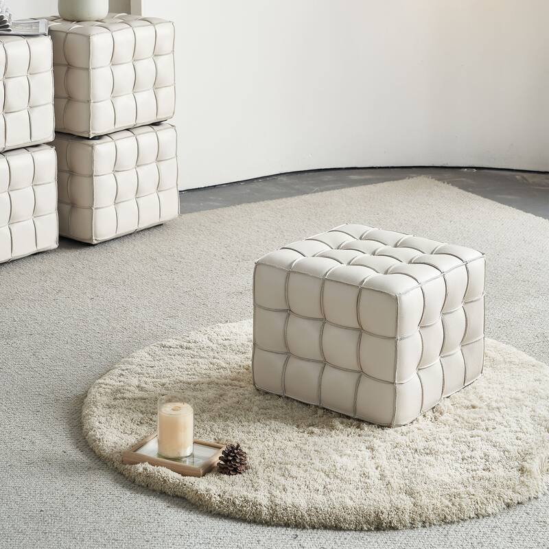 Genuine Leather Tufted Ottoman, High-density Foam Square Footstool, Upholstered Shoe Stool for Living Room, Bedroom