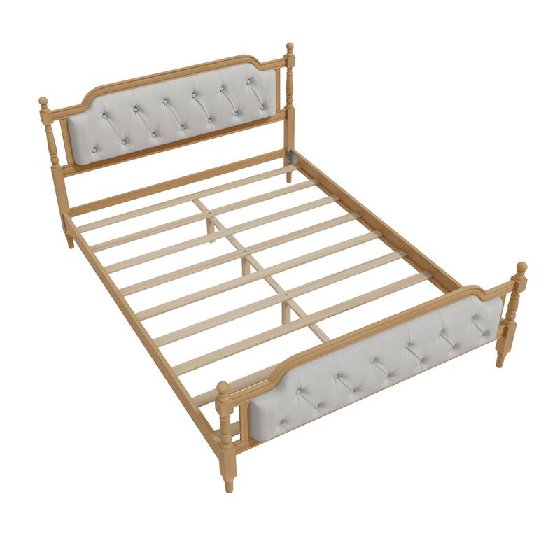 Queen Size Solid Wood Bed Frame with Tufted Upholstered Headboard, No Box Spring Needed, Antique Walnut Finish