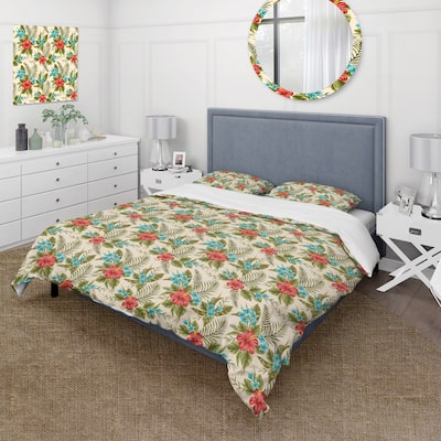 Designart 'Plumeria And Hibiscus Flowers With Palm Leaves On Beige' Tropical Duvet Cover Set