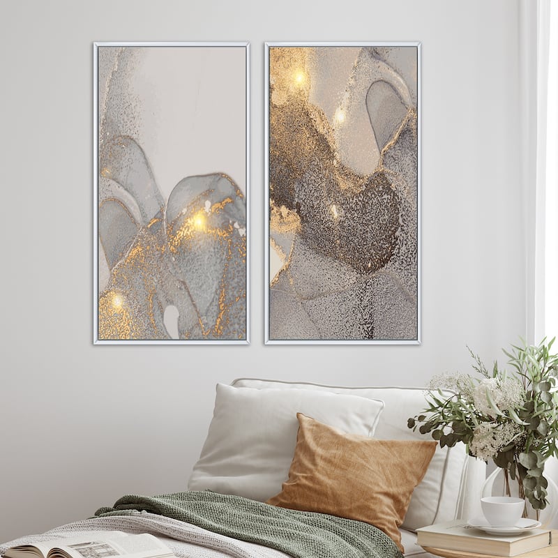 Designart "Grey & Gold Marble Liquid Art I" Abstract Framed Art Set of 2 Pieces