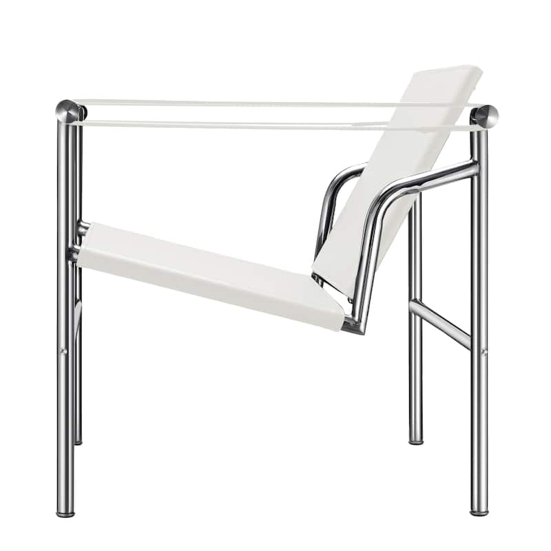 HomeRoots 24" White and Silver Faux Leather and Stainless Adjustable Back Arm Chair - 23.62 in. x 24.80 in. x 24.41 in.
