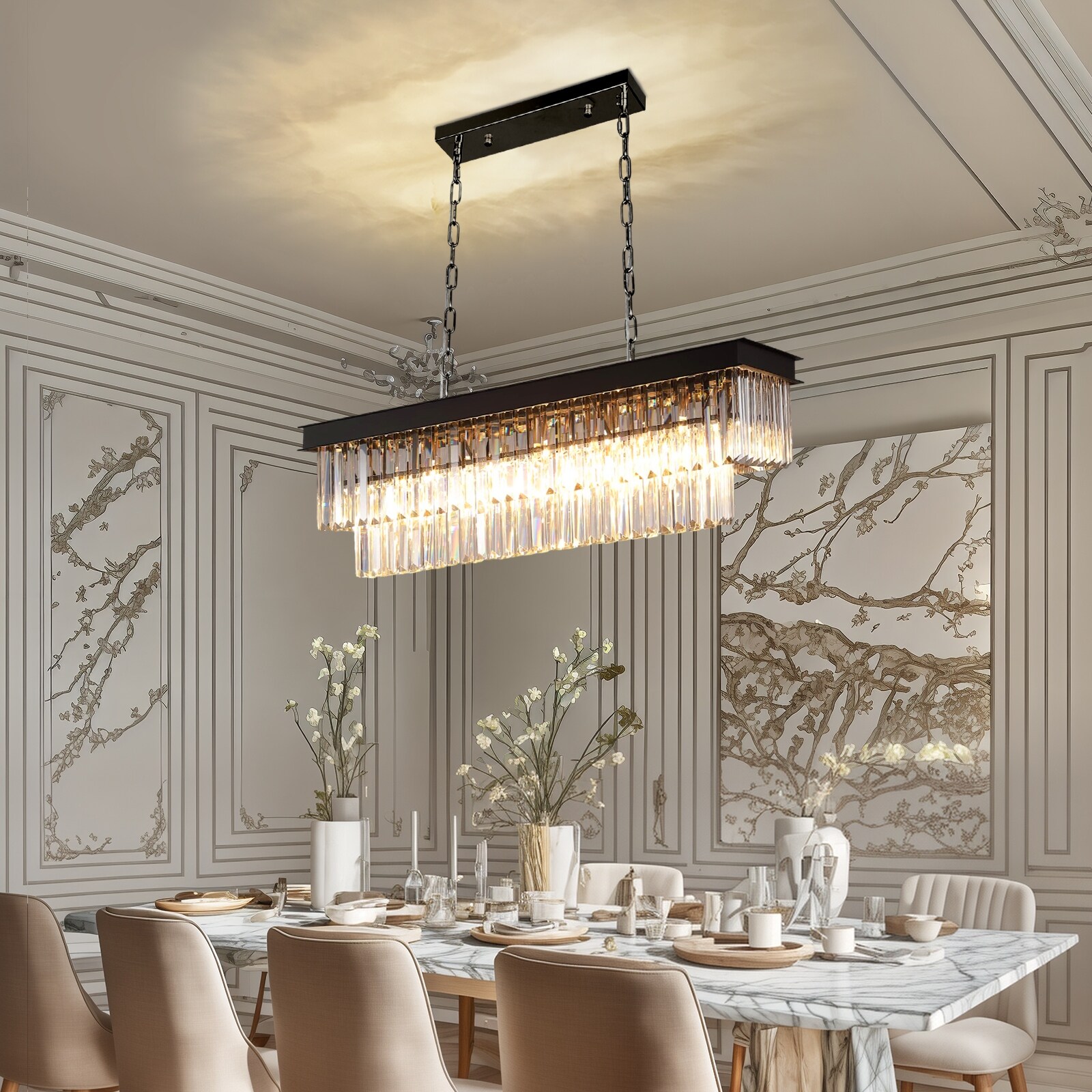 24in. 6 Light Black Rectangle Crystal Chandelier Luxury Pendant Light for Dining Room Bulbs Included On Sale Bed Bath Beyond 40035394