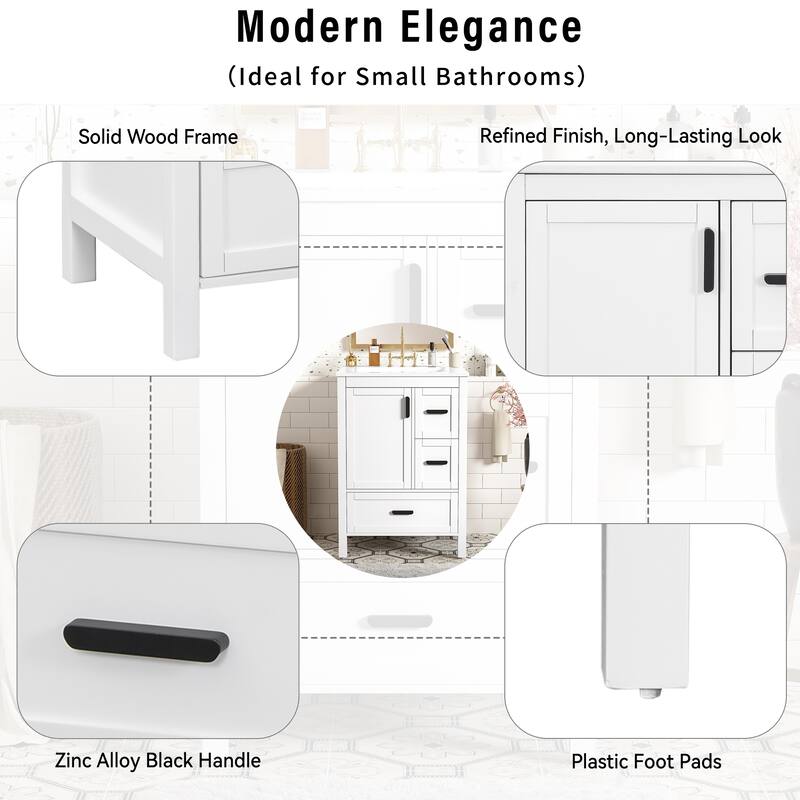 Modern 24-inch Bathroom Vanity with Ceramic Sink, Soft-Close Door, Double-Layer Door Shelf, and 3 Drawers
