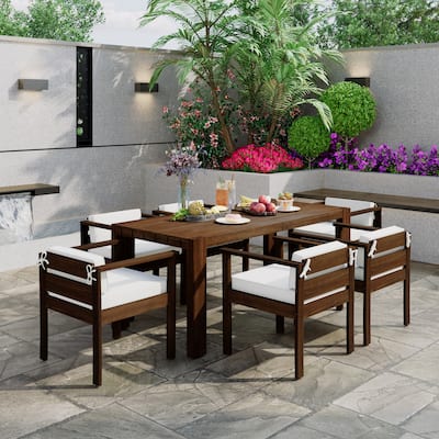 7-Piece Acacia Wood Patio Dining Set with Umbrella Hole & Low Back Cushioned Chairs