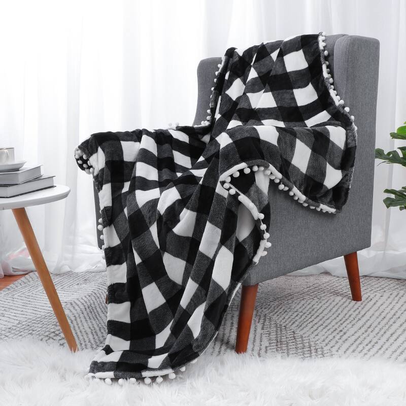 Buffalo Plaid Flannel Throw Blanket with Pom Poms Soft Plush Microfiber Blankets
