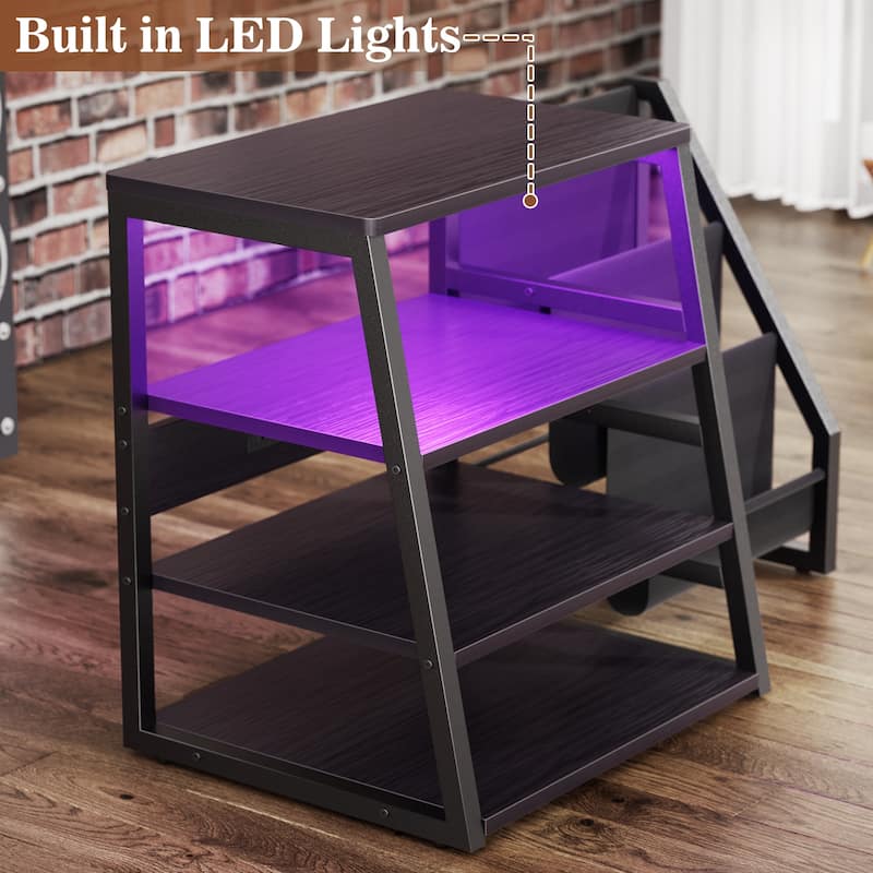 4-Tier Record Player Stand with Vinyl Record Storage ＆ LED Light ＆ Charging Station, Record Player Table, Media Console