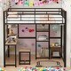 preview thumbnail 15 of 23, Full Size Loft Bed with Desk and Stool, Metal Loft Bed with Open-Style Wardrobe, Shelves and Cabinet