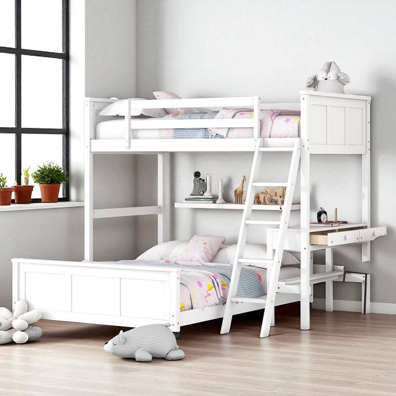 Twin Over Full / Full Over Full Bunk Bed with Built-in Desk and Storage Drawers, Solid Wood Frame