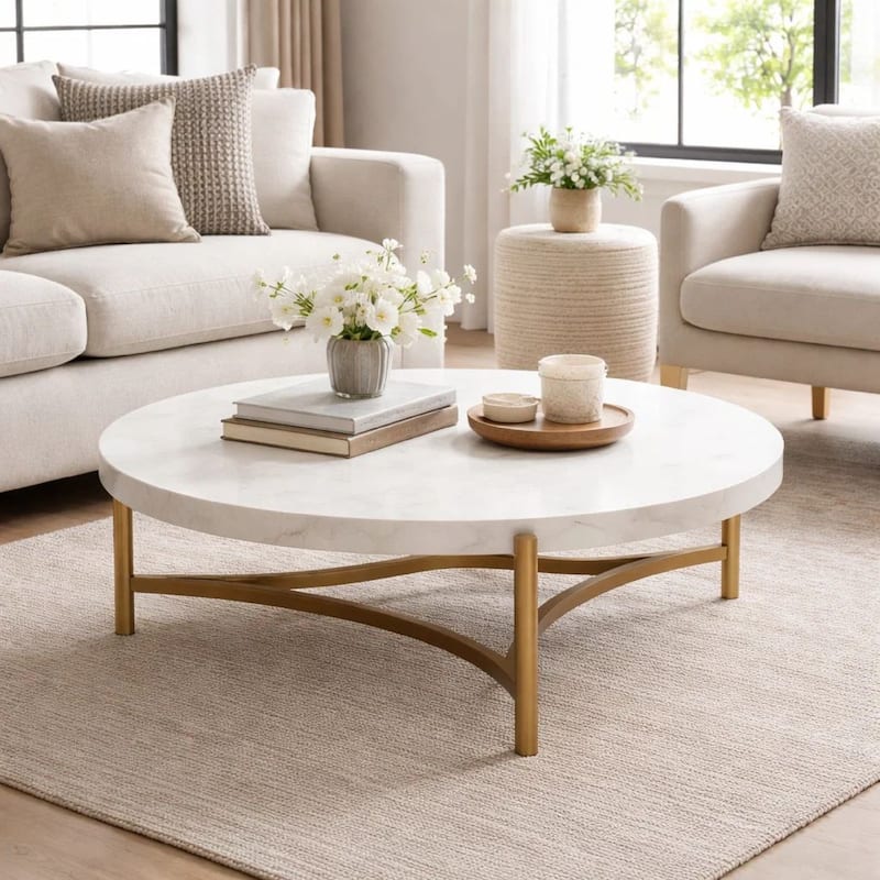 Leyu 46 Inch Round Coffee Table, White Concrete Top, Bronze Tripod Base