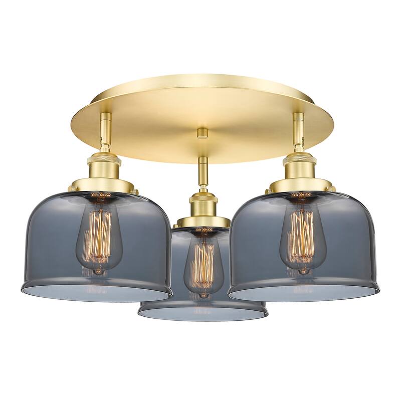 Innovations Lighting Bell - 3 Light 20" Flush Mount - Satin Gold/Light Smoke