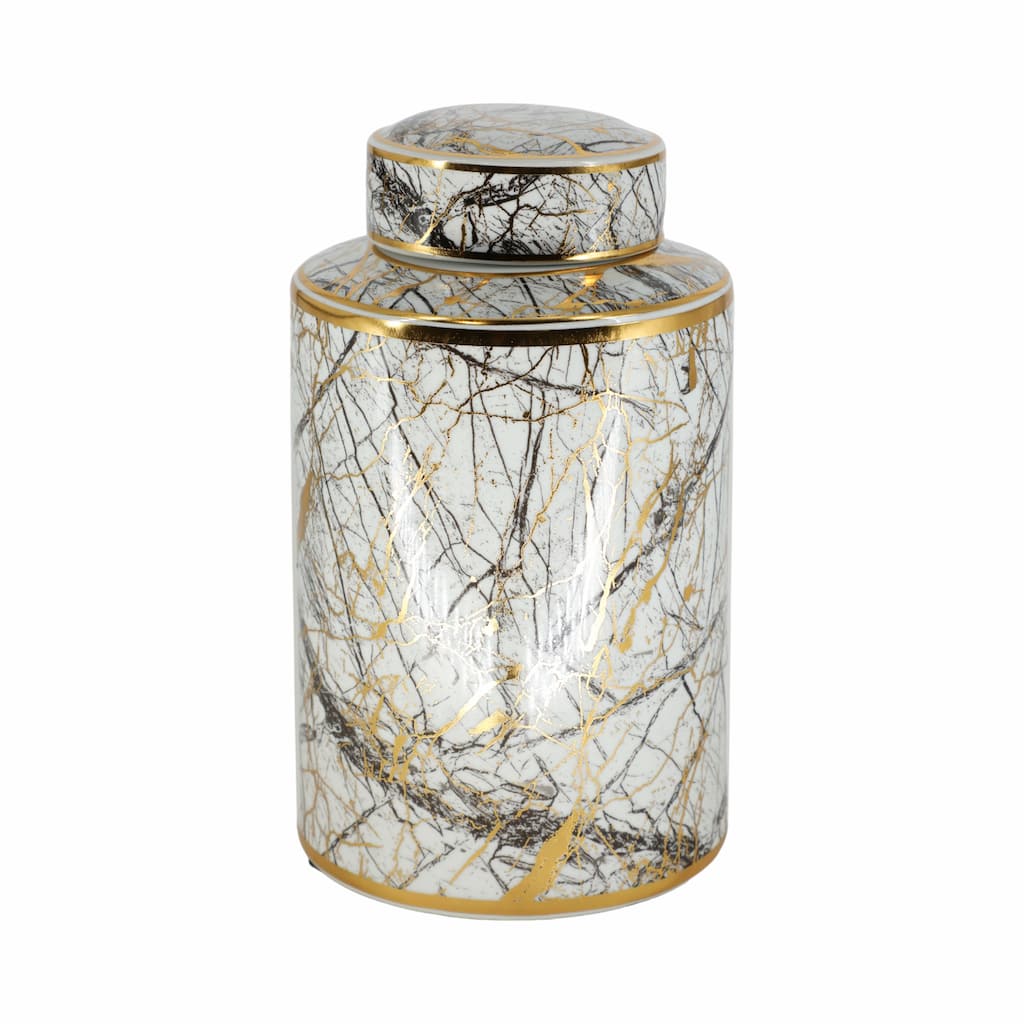 12" Ceramic Jar with Lid Contemporary Decorative Glassware in White, Black and Gold Storage Canister Decor - - 8" x 8" x 12"