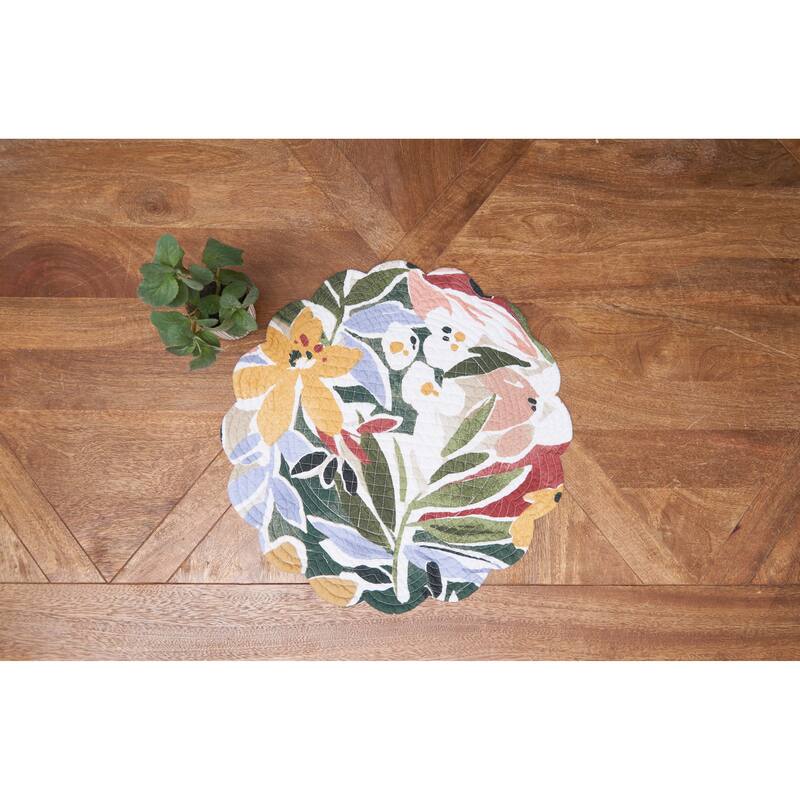 Joelle Floral Flowers Palm Leaf Vibrant Scalloped Round Placemats Set of 6, 17" - Multicolored