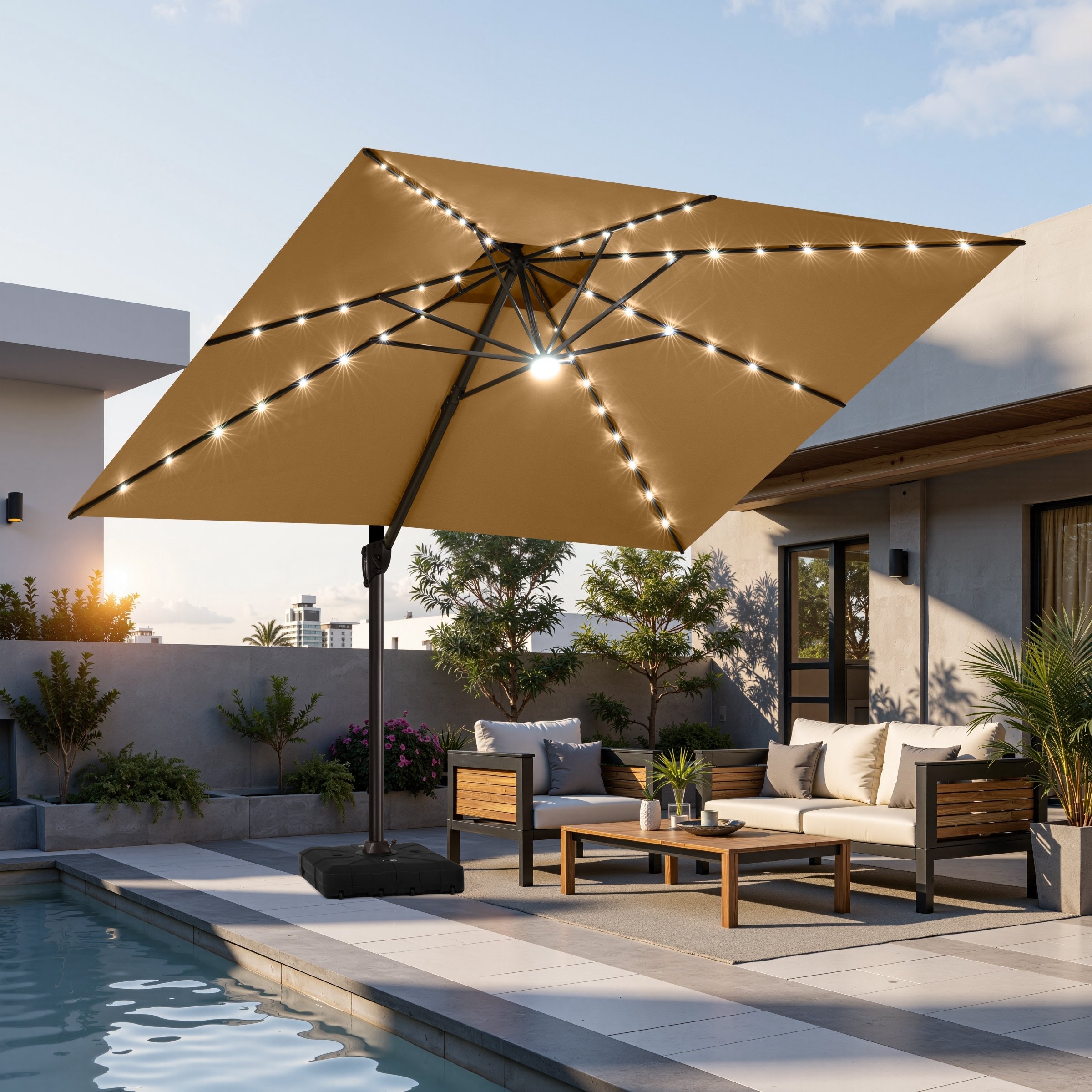 best solar umbrella patio Mojia 10x10 FT Square Cantilever with LED Lights and Cross Base, 360 Rotation Large Heavy Duty Offset Outdoor Umbrella with Easy Tilt for Pool Backyard Deck Garden providing exceptional stability 11 ft Outdoor Double Top