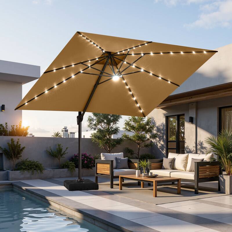 11 FT Outdoor Double Top Solar Powered LED Patio Cantilever Umbrella with Base - Tan