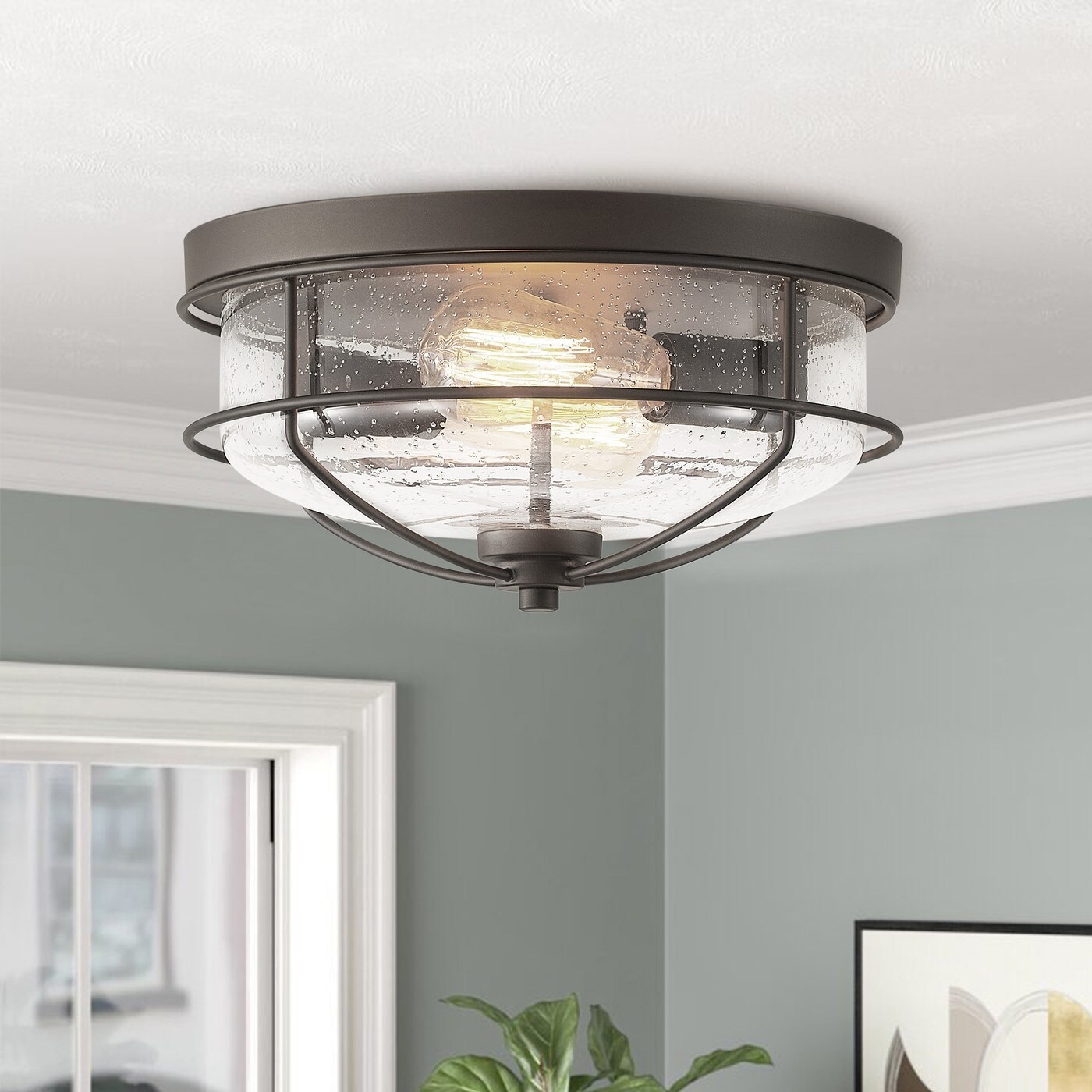 Vintage Oil Rubbed Bronze 2 Light Clear Bubble Glass Flush Mount