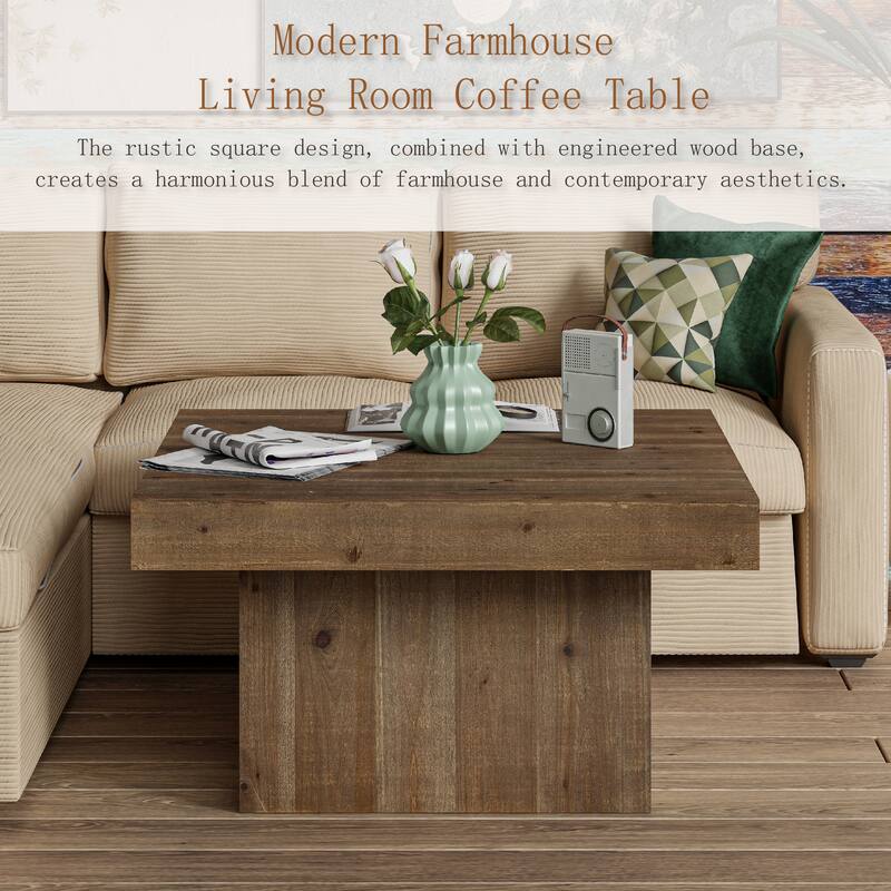 COZAYH Modern Farmhouse Wood Coffee Table, Rustic Square Sturdy Sofa Table for Family, Living Room, Lounge, Distressed