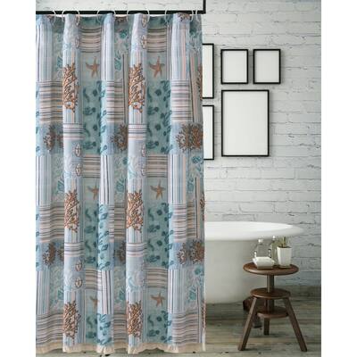 Sea Life Print Shower Curtain with Button holes, Blue and Brown