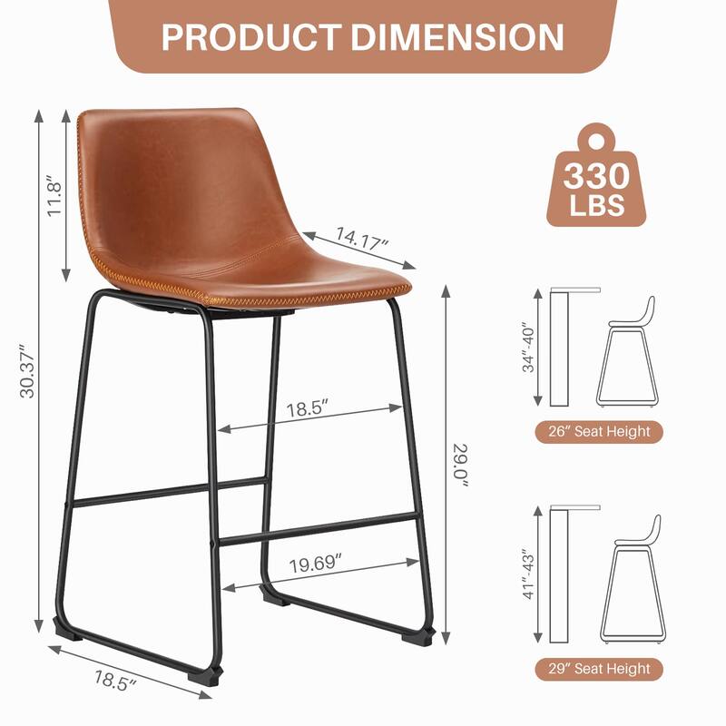 Classic Faux Leather 26 Inch Counter Height Bar Stools Set of 2 with Back and Metal Leg for Kitchen lsland