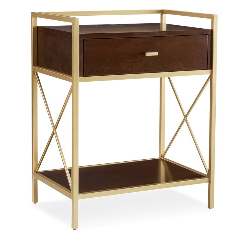 Contemporary Charging One Drawer Nightstand Side Table - Brown
