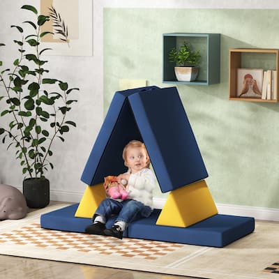 Blue Velvet Foam Toddler Play Blocks Set 6 Pieces Soft Stackable Shapes for Playroom Bedroom and Daycare