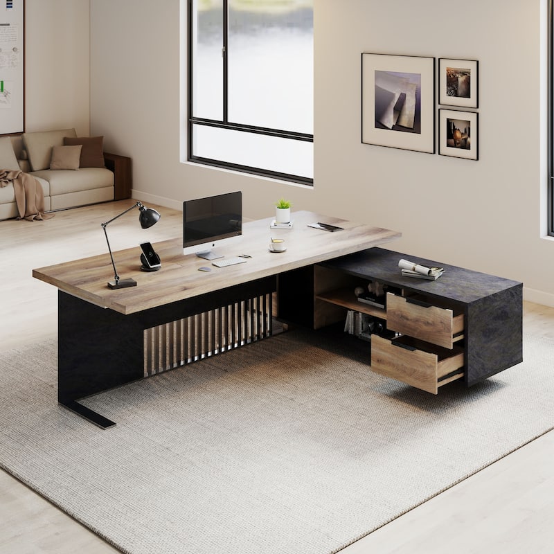 WESOME Large L-Shaped Executive Desk with Drawers Cabinet Cable Management