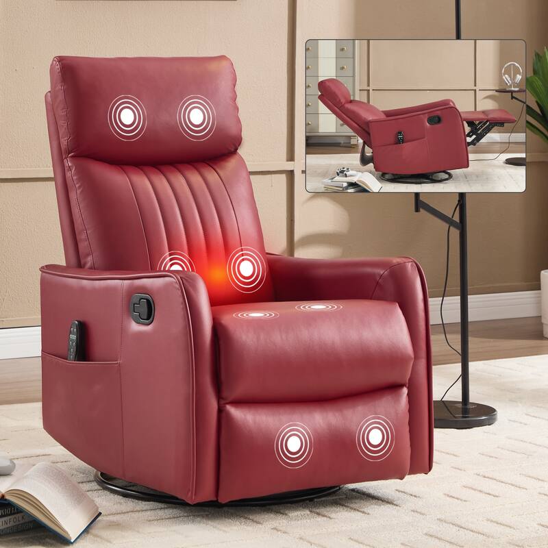 Roomfitters Swivel Rocker Recliner Chair, Manual Faux Leather Massage Armchair with Heat and Glider Motion, Living Room