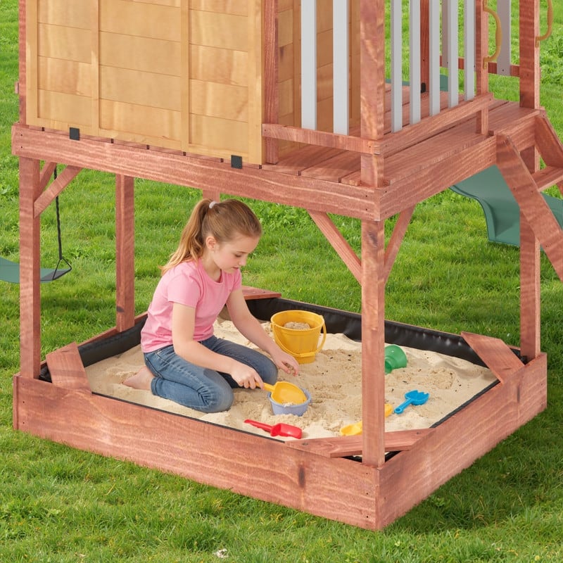 Kids Outdoor Wooden Swing Set with Elevated Playhouse, Wave Slide, Belt Swings and Sandbox - Natural Wood