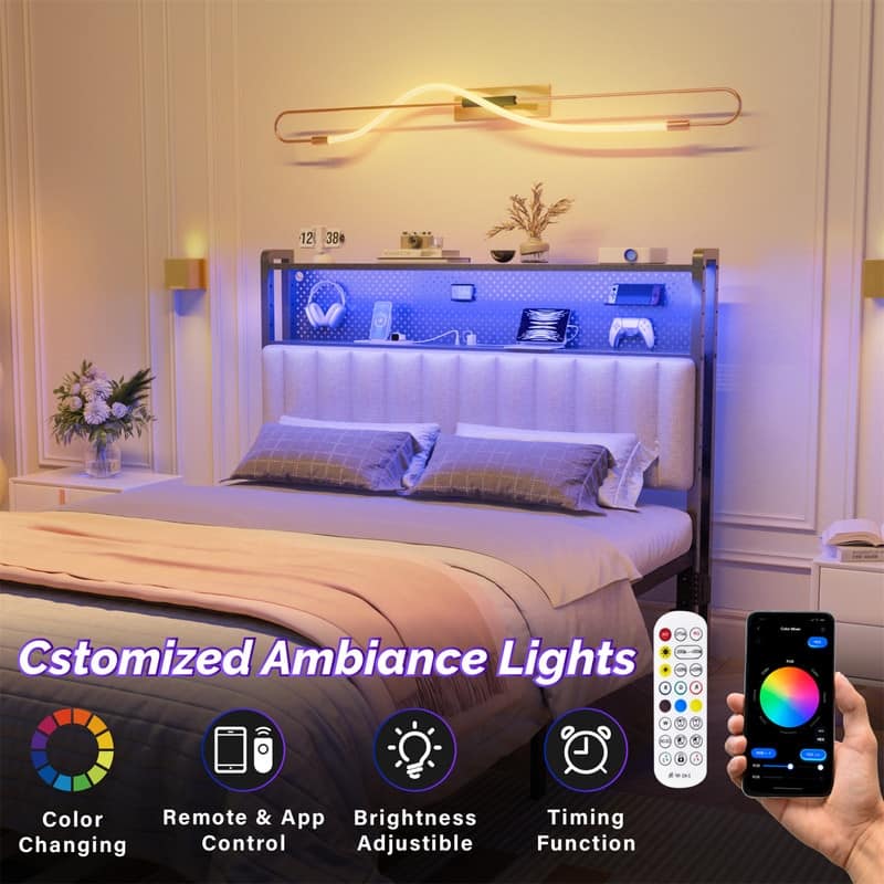 Adjustable Upholstered Headboard with 2 Tier Shelves with Charging Stations and LED Lights, Modern Bed Headboard with Storage