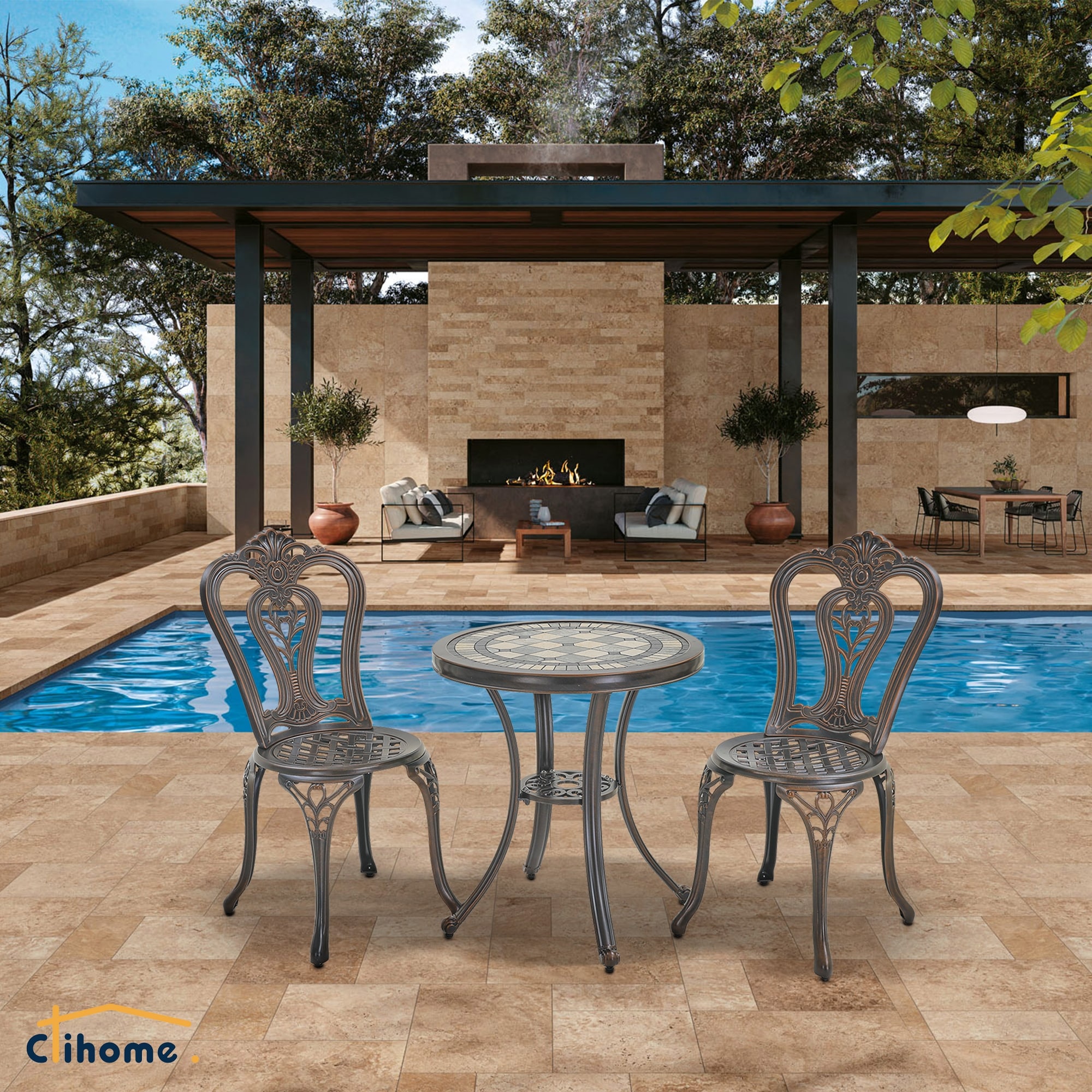 Clihome 3 Piece Outdoor Bistro Table Set, All Weather Cast Aluminum Patio Chairs and Table
