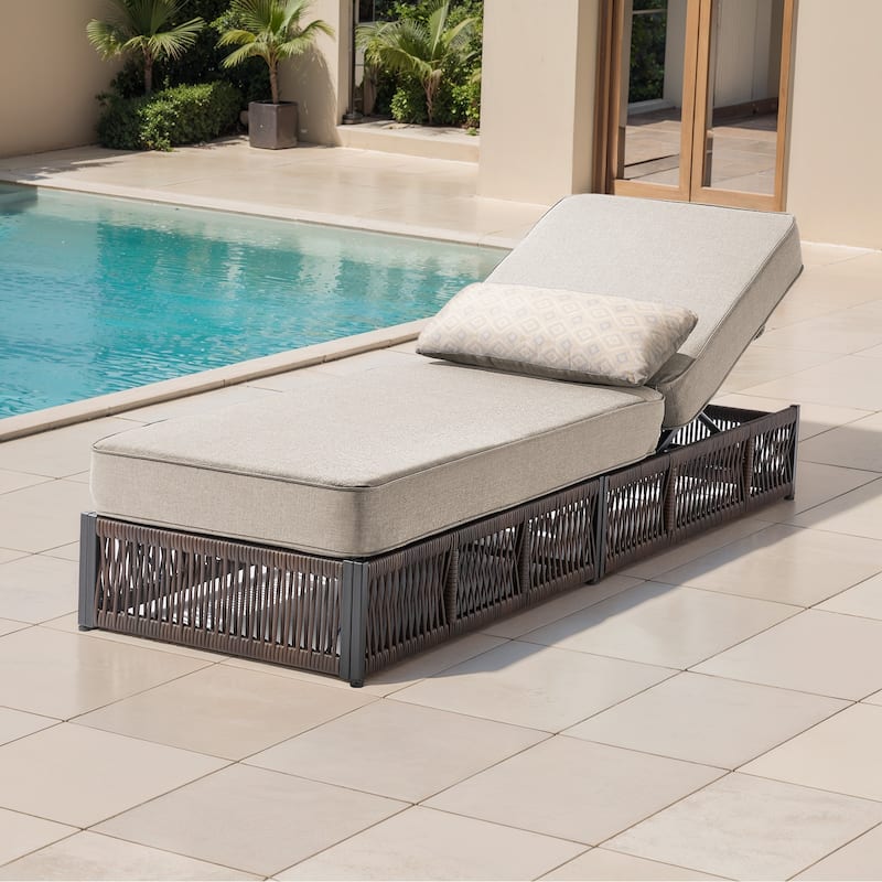 ArcoBay Brown Wicker Outdoor Patio Chaise Lounge with 5-Inch Thick Cushions - Beige