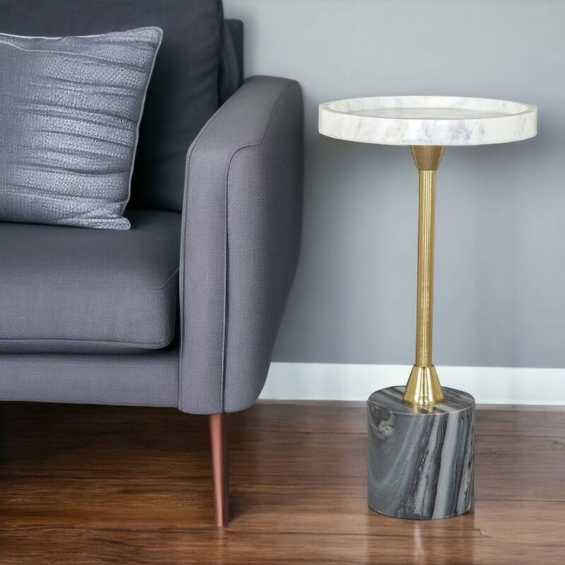 22" Modern White Round Marble Top End Table with Grey Gold Pedestal Base for Living Room or Bedroom - 10”L x 10”W x 22”H