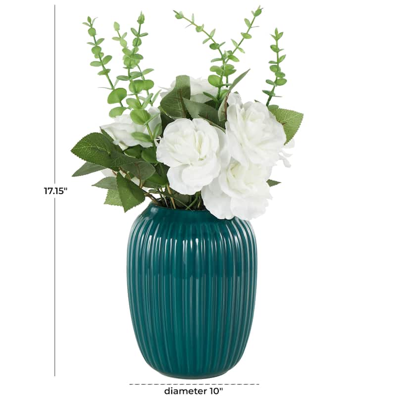 Fabric Artificial Flower with Green Leaves and Round Ceramic Vase - White - Roche River Decor
