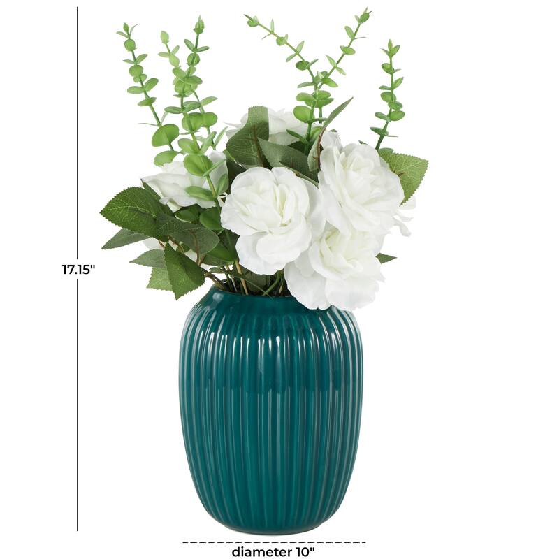 White Fabric Artificial Flower with Green Leaves and Round Ceramic Vase
