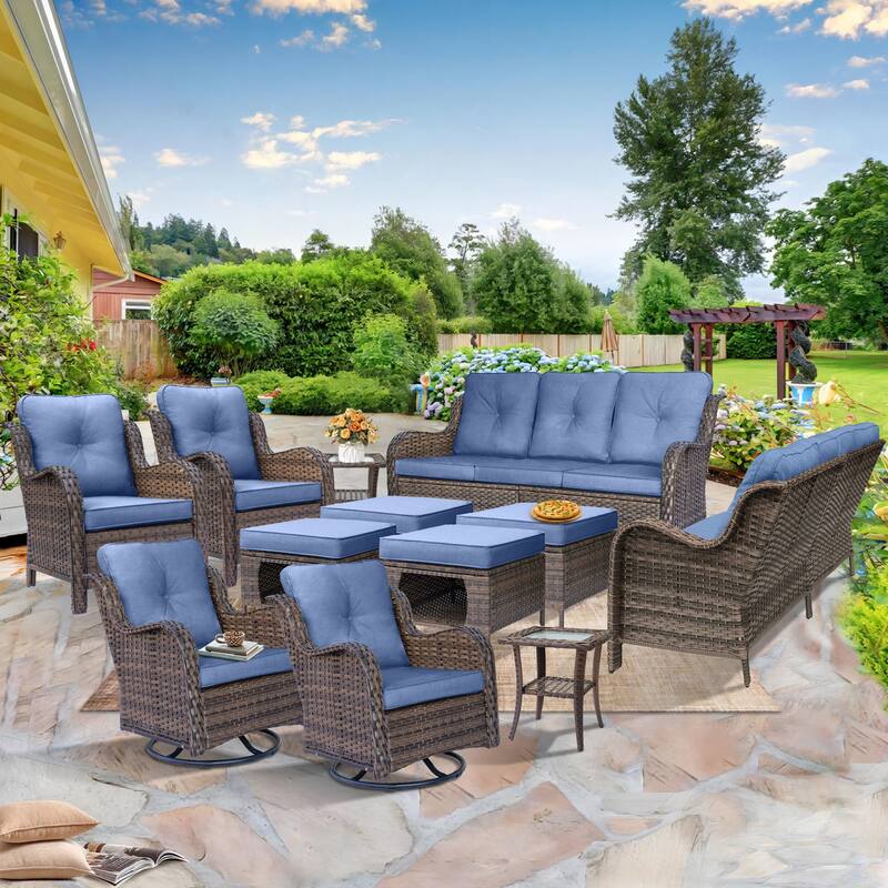 Rattan Wicker Outdoor Patio Furniture Sofa Set with Swivel Rocker Chairs - 12 Piece - Denim Blue