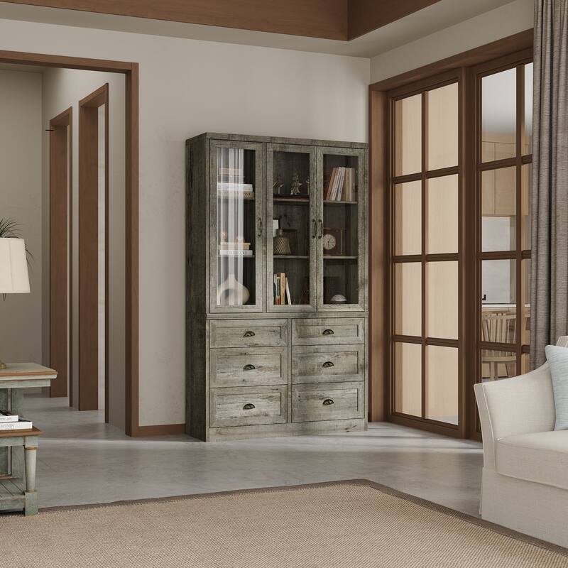 Buffet Cabinet with Glass Doors and Drawers Display Hutch Bookshevles Bookcase