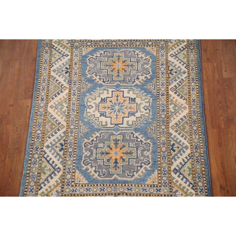Blue Kazak Oriental Accent Rug Handmade Geometric Wool Carpet - 2'9"x 4'1"