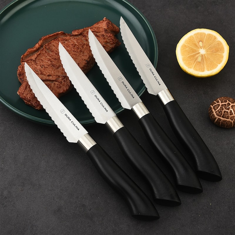Dura Living 4-Piece Steak Knife Set - Micro-Serrated High Carbon Stainless Steel Blades, Black Handles