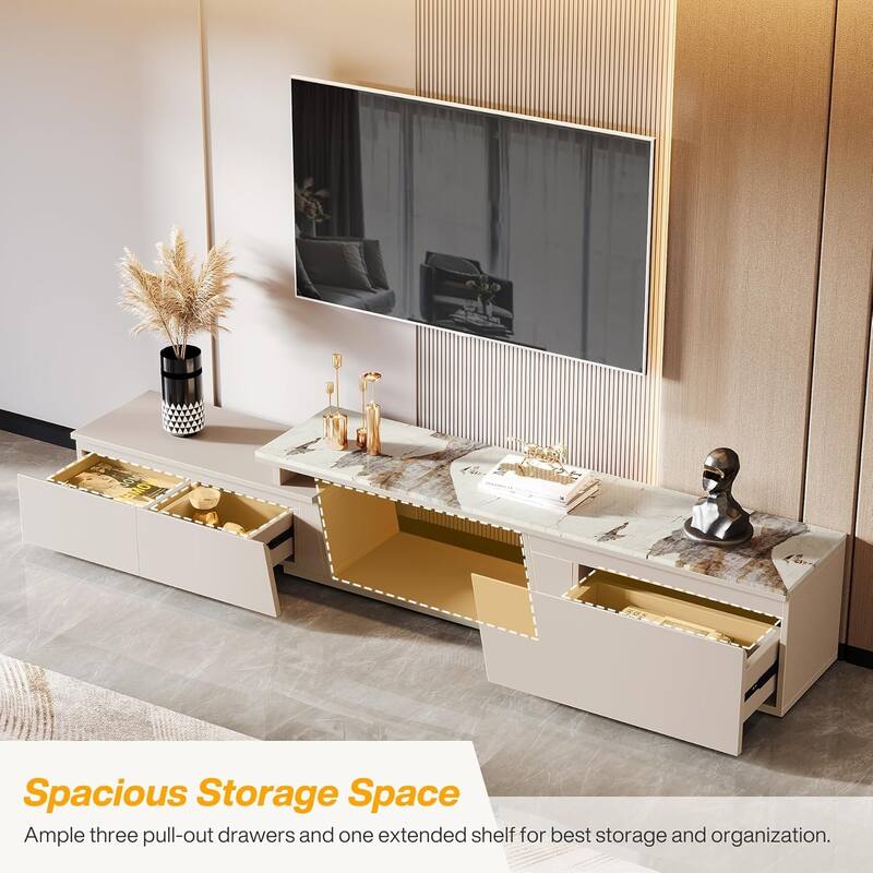 70.9" W - 105" W Extendable TV Stand, Extra Long Modern Entertainment Center with 3 Drawers