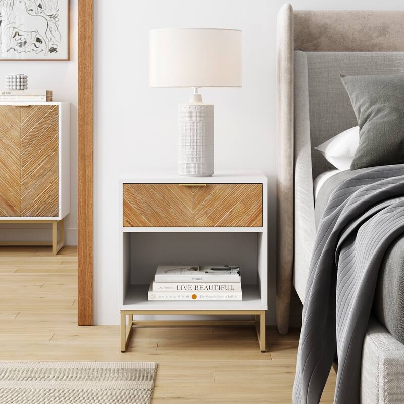 Nathan James Kensi Rustic Nightstand Matte Metal Base Open Cubby Storage and Drawer