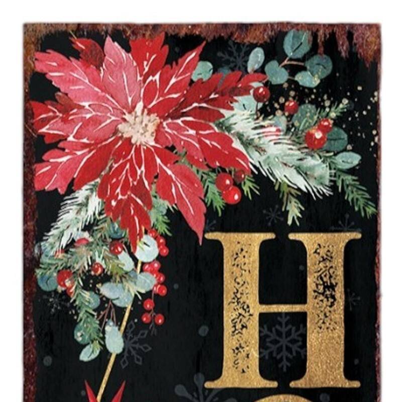HomeRoots 36" Black Gold Green And Red Solid Wood Happy Holidays Christmas Poinsettia Porch Sign