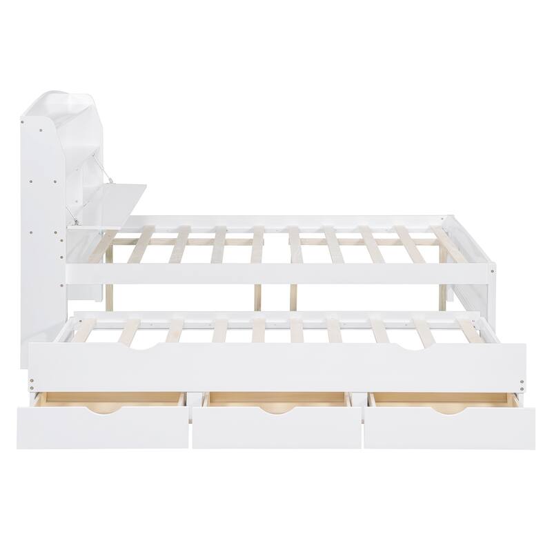 Full Size Platform Bed with Bookcase Headboard & USB Ports Outlets, Wooden Storage LED Bed Frame with Trundle & Storage Drawers