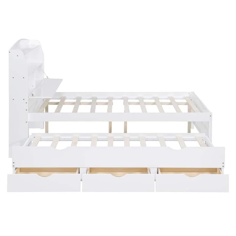 Full Size Wooden LED Platform Bed with Trundle, Storage Headboard Modern Floor Standing Bed Frame with Drawers