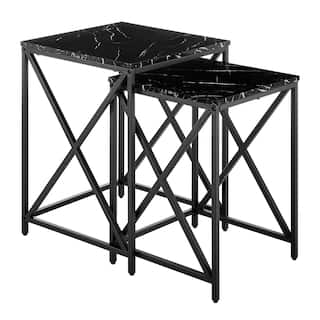 Modern Square Marble Finish Veneer Top Black Metal Frame Nesting End Tables - Set of 2