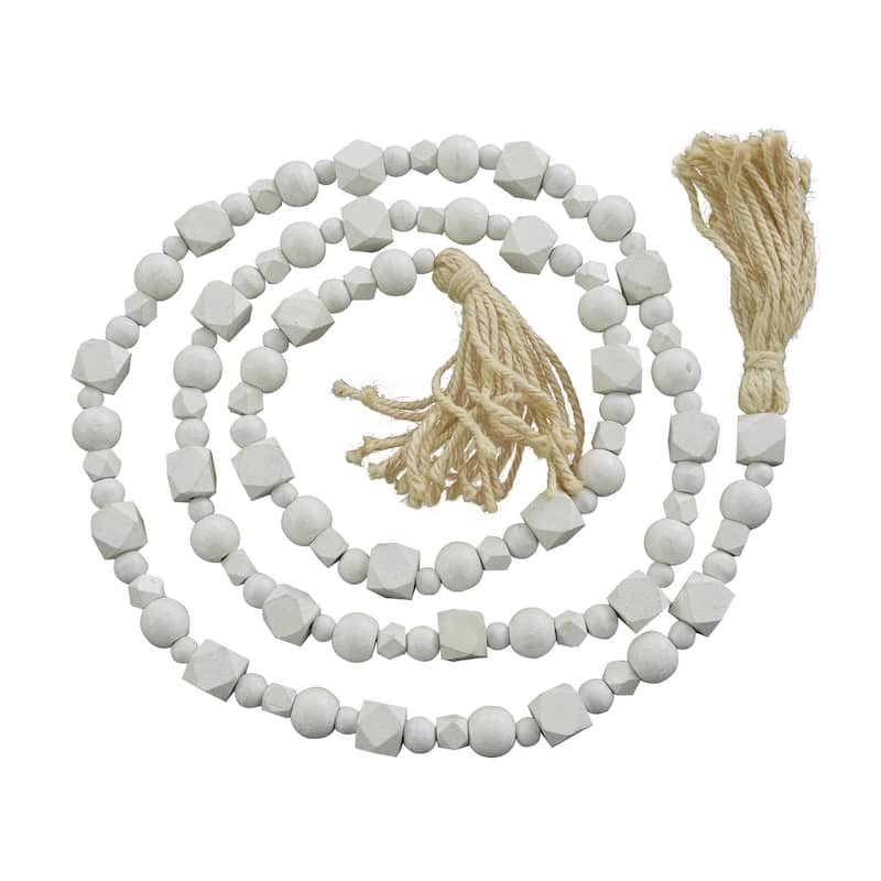 Mango Wood Handmade Hexagon Carved Geometric Long Beaded Garland with Tassel - Roche River Decor - White - 80"L