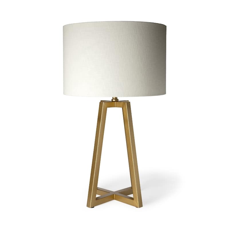 Gold Metal Geometric Table Lamp Base with White Drum Fabric Shade, 3 Way Switch - 17” x 17” x 29” (D x W x H)