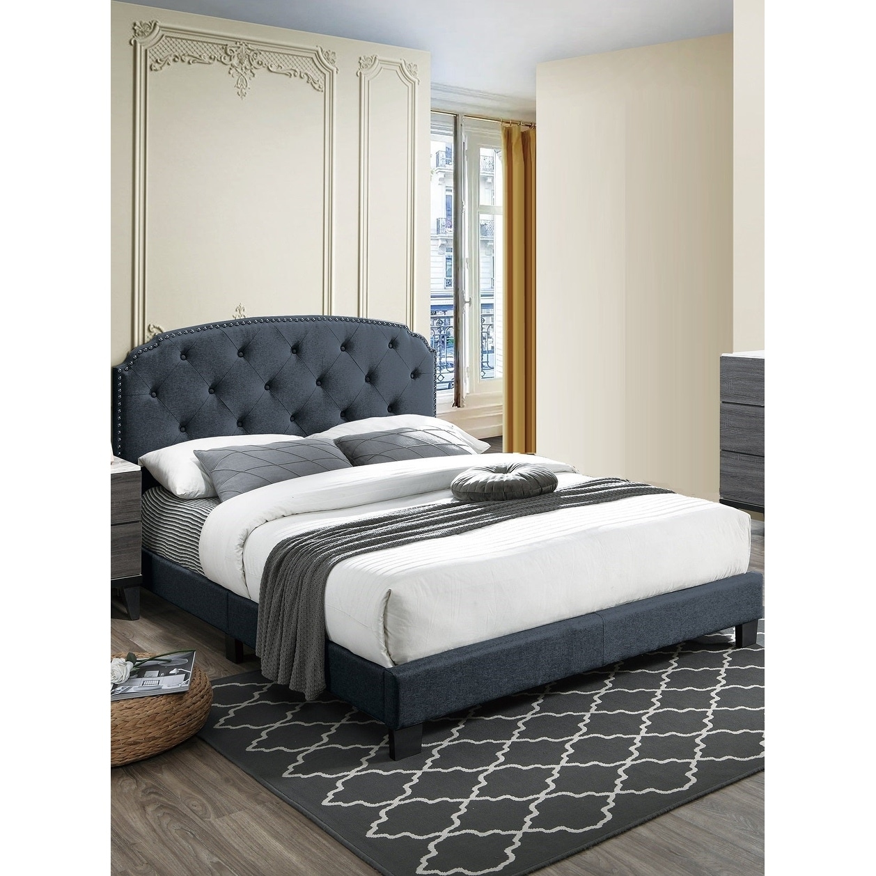 Transitional Style 1pc Bed Set Tufted Headboard Nailhead Trim Charcoal Finish