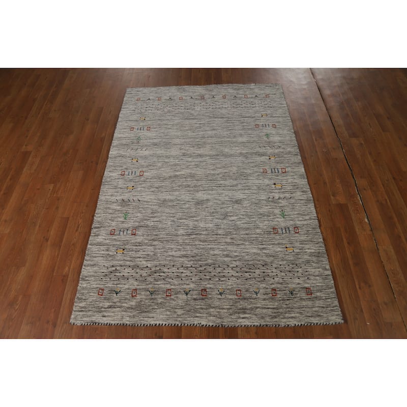 Gabbeh Oriental Rug Handmade Striped Beige Wool Carpet - 4'1" x 5'11"