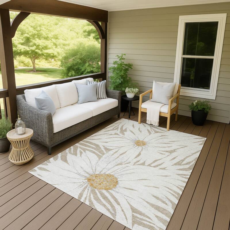 Machine Washable Indoor/ Outdoor Floral Chantille Rug - Beige - 10' x 14'
