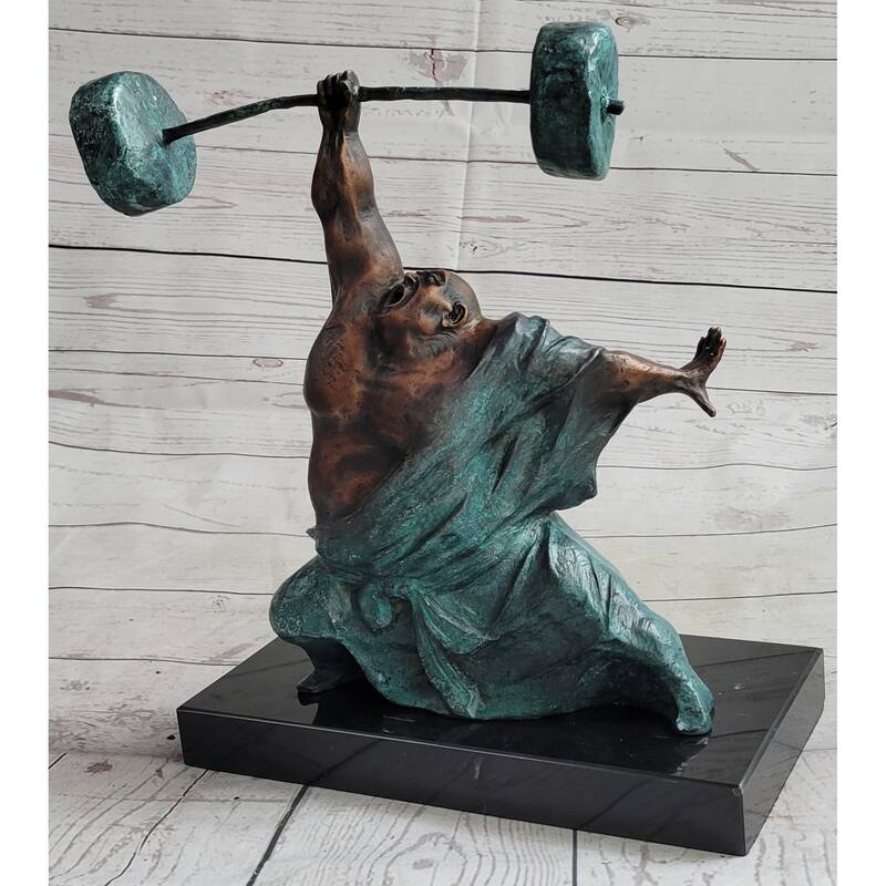 Powerlifter Weight Lifter Bodybuilder Bronze Statue Sculpture Figure On Marble Base Original Art